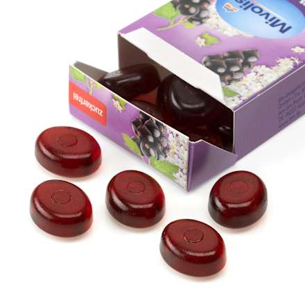 Caramelle per la gola senza zucchero con vitamina C e edulcoranti, al gusto di fiori di sambuco e ribes Mivolis