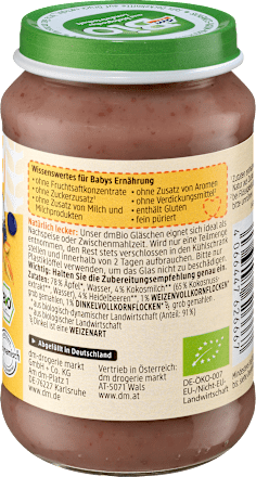 Frucht & Getreide Heidelbeere, Kokosmilch in Apfel mit Vollkorn ab dem 6.Monat dmBio