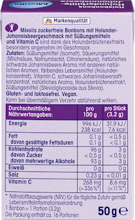 Torokcukorka, bodzavirág és fekete ribizli ízű, édesítőszerekkel és C-vitaminnal Mivolis