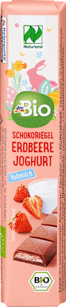 Bio mlečna čokolada s polnilom iz jogurta s koščki jagod dmBio