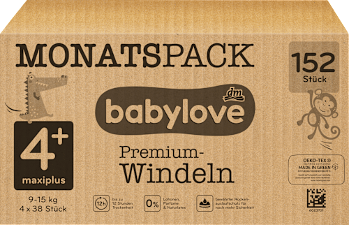 Windeln Premium Gr. 4+ Maxi Plus (9-15 kg), Monatspack babylove