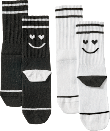 Crew Socken mit Smiley-Motiv weiß + schwarz Gr. 35-38 Fascino