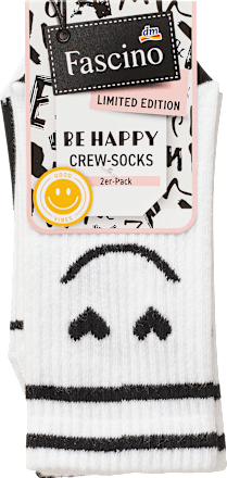 Crew Socken mit Smiley-Motiv weiß + schwarz Gr. 35-38 Fascino