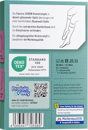 Kniestrümpfe mit Baumwoll-Sohle schwarz Gr. 35-38, 20 DEN Fascino