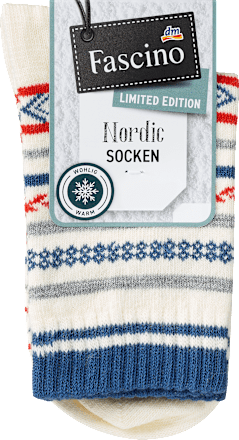 Socken mit Norweger-Muster weiß & blau & rot Gr. 35-38 Fascino