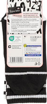 Crew Socken mit Smiley-Motiv weiß + schwarz Gr. 35-38 Fascino