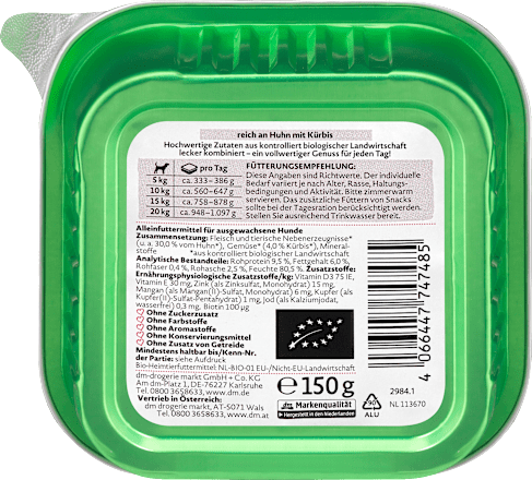 Bio popolna hrana za odrasle pse s kokošjo in bučo DEIN BESTES