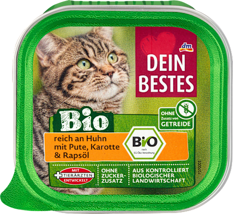 Bio Cibo umido per gatti con pollo, tacchino, carote e olio di colza DEIN BESTES