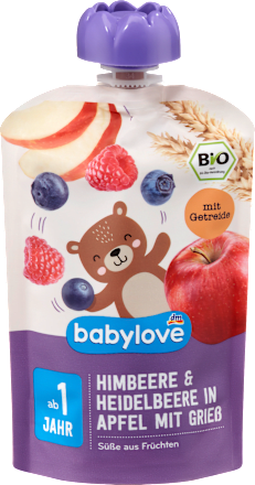 Bio gyümölcspüré málna és fekete áfonya almában, búzadarával, 1 éves kortól  babylove