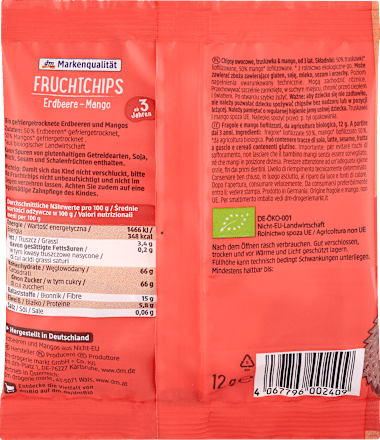 Snack pentru copii, chipsuri din fructe, căpșuni-mango, de la 3 ani dmBio