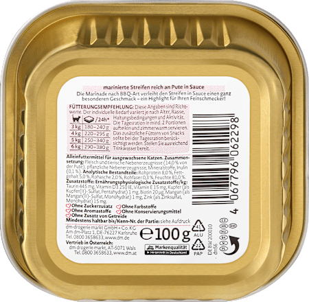 Krmivo pre mačky v miske BBQ marinované pásiky s morčacím mäsom v omáčke Dein Bestes