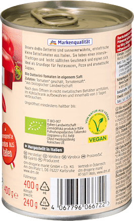 Pomidory daktylowe całe, masa netto 400 g, masa pod odsączeniu dmBio