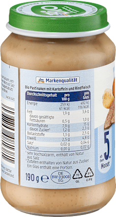 Bio bébimenü pasztinák burgonyával és marhahússal, 5. hónapos kortól dmBio