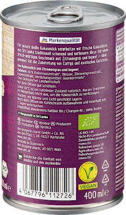 Bio napitek na osnovi kokosa z limonsko travo in ingverjem dmBio