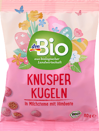 Bio hrustljave kroglice v mlečni kremi z malinami dmBio