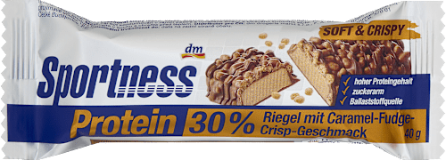 Fehérjeszelet 30%, ragacsos karamell ízű, ropogós darabokkal, édesítőszerekkel Sportness