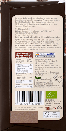 Bio étcsokoládé 70% kakaótartalommal dmBio