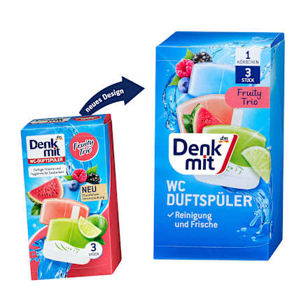 WC-öblítő és -illatosító kosárral Fruity-Trio, bogyós gyümölcs, dinnye és lime illattal Denkmit