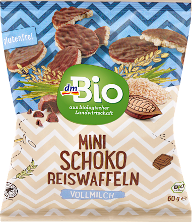 Bio mini puffasztott rizsszeletek tejcsokoládéval bevonva dmBio