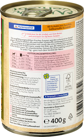 Nassfutter Hund mit Huhn & Zucchini, Süßkartoffel & Leinöl, Naturverliebt Dein Bestes