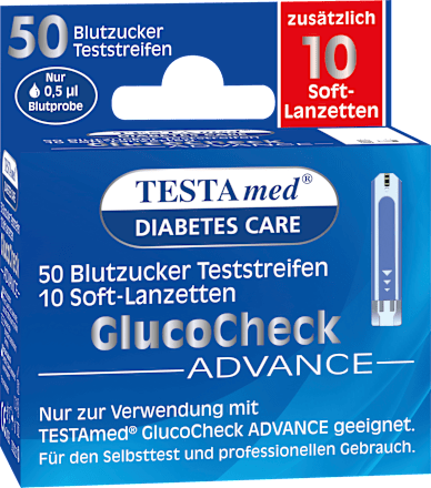 Glucocheck ADVANCE Kombipackung 50 Blutzucker-Teststreifen + 10 Lanzetten Testa med