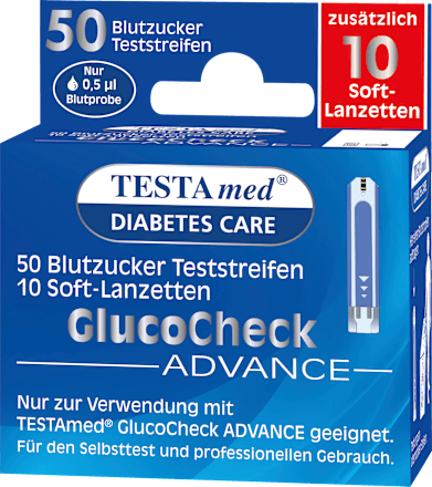 Glucocheck ADVANCE Kombipackung 50 Blutzucker-Teststreifen + 10 Lanzetten Testa med