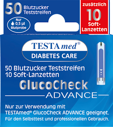 Glucocheck ADVANCE Kombipackung 50 Blutzucker-Teststreifen + 10 Lanzetten Testa med