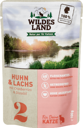 Katzenfutter Huhn & Lachs mit Cranberries und Distelöl Wildes Land