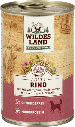 Hundefutter Rind mit Süßkartoffeln, Heidelbeeren, Wildkräutern und Distelöl Wildes Land