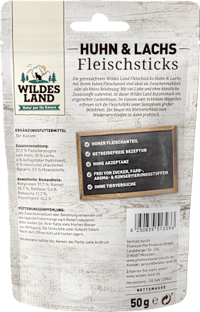 Katzenleckerli Fleischsticks Huhn & Lachs Wildes Land
