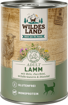 Nassfutter Hund Lamm mit Reis, Zucchini, Wildkräutern und Distelöl Wildes Land