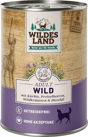 Nassfutter Hund Hundefutter Wild mit Wildkräutern & Distelöl Wildes Land