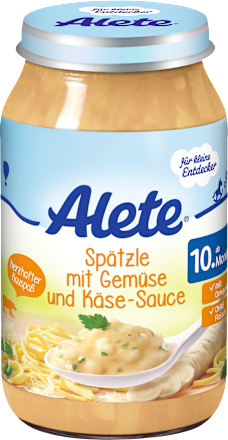 Menü Spätzle mit Gemüse und Käse-Sauce ab 10. Monat Alete bewusst
