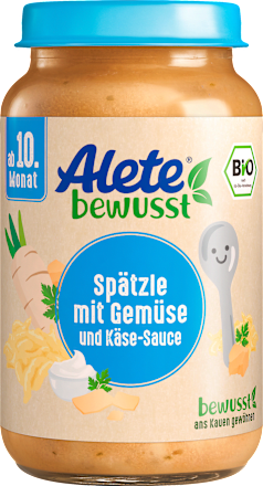 Menü Spätzle mit Gemüse und Käse-Sauce ab dem 10. Monat Alete bewusst