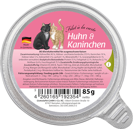 Nassfutter Katze mit Huhn & Kaninchen, Filet à la carte, Adult GranataPet
