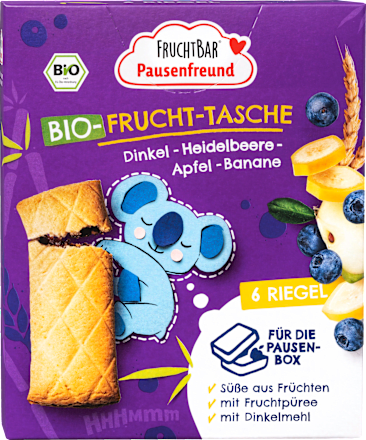 FRUCHTBAR PausenfreundKindersnack Pausenfreund Frucht-Tasche, Dinkel, Blaubeere, Apfel, Banane ab 3 Jahren (6x22 g), 132 g