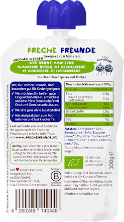 Quetschie Apfel, Birne, Blaubeere & Dinkel ab 6 Monaten Freche Freunde