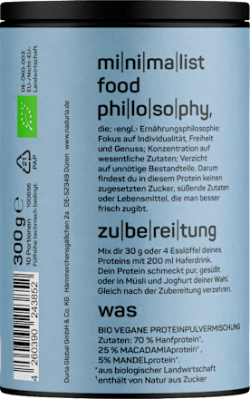 Proteinpulver Hanf Macadamia und Mandel ungesüßt Naduria