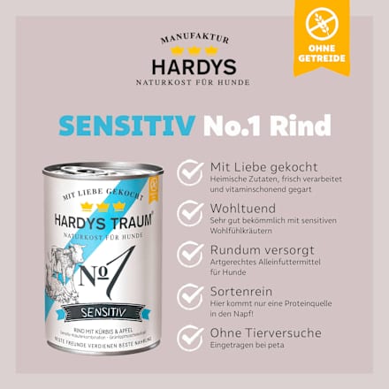Nassfutter Hund Sensitiv mit Rind, Adult, Multipack (6x400 g) Hardys Traum