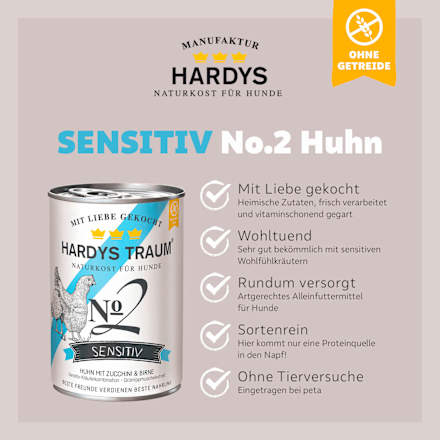 Nassfutter Hund Sensitiv mit Huhn, Multipack (6x400 g) Hardys Traum