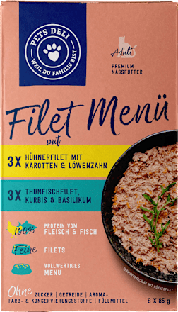 Nassfutter Katze Hühnerfilet & Thunfischfilet, Filet Menü, Multipack (6x85 g) Pets Deli