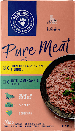Nassfutter Katze mit Huhn & Ente, pure meat Multipack (6x85 g) Pets Deli