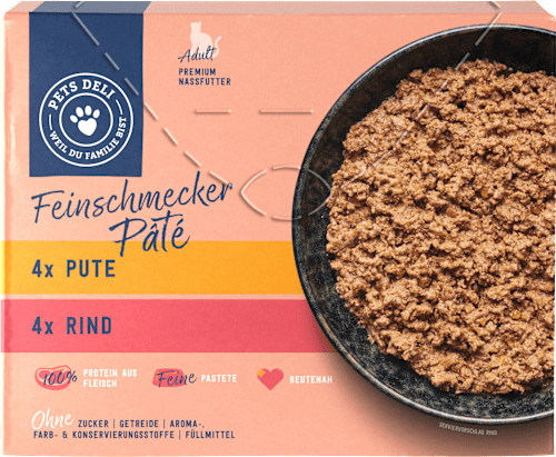 Nassfutter Katze mit Pute & Rind, Feinschmecker Pâté, Multipack (8x85 g) Pets Deli