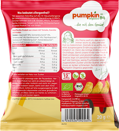 Kindersnack Linsen Puffs mit Tomate, Karotte & Kräutern ab 1 Jahr pumpkin organics