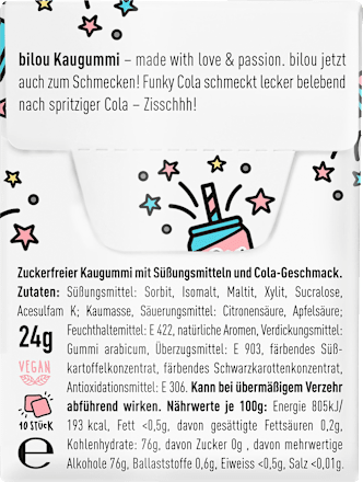 Kaugummi, Funky Cola Flavour, zuckerfrei (10 Stück) bilou