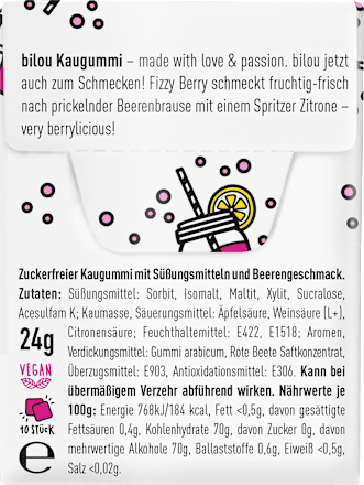 Kaugummi, Fizzy Berry Flavour, zuckerfrei (10 Stück) bilou