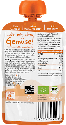 Quetschie Mango, Karotte, Pastinake & Hafer ab 6 Monaten pumpkin organics