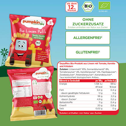 Kindersnack Linsen Puffs mit Tomate, Karotte & Kräutern ab 1 Jahr pumpkin organics