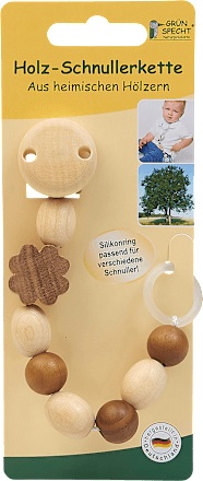 Schnullerkette aus Holz mit Silikonring, Kleeblatt, dunkel Grünspecht