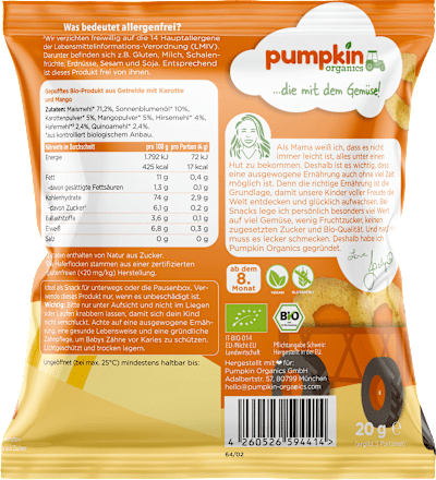 Kindersnack Mehrkorn Ringe mit Karotte & Mango, ab 8 Monaten pumpkin organics